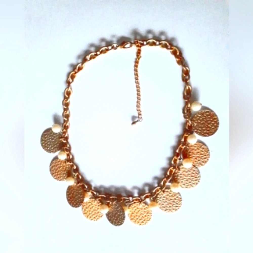 2/$20! Gold & pearl jangly coin statement necklace, adjustable